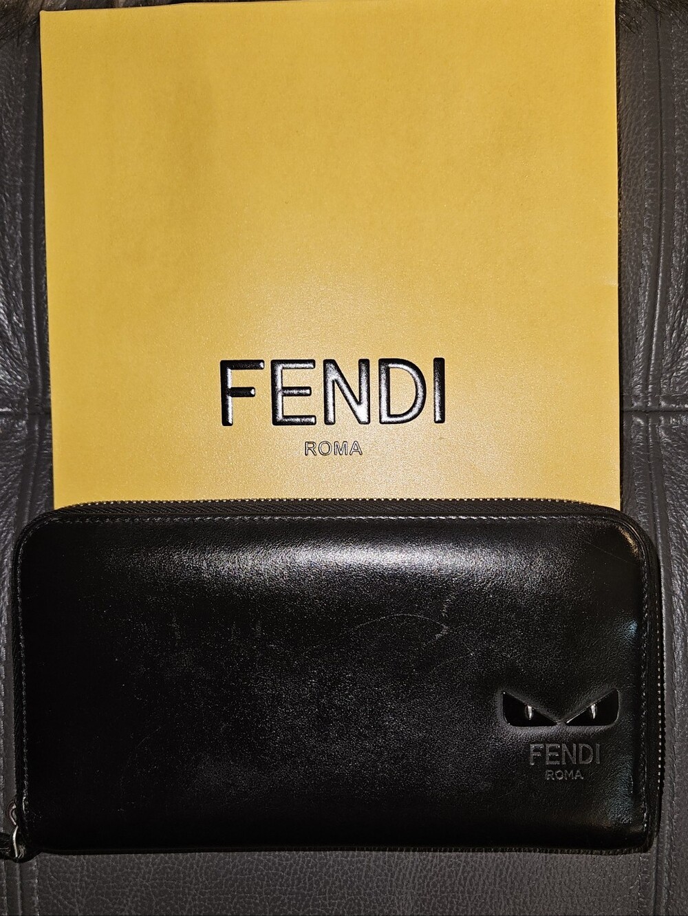 Fendi Black Leather Zip Wallet with Monster Eye Detail